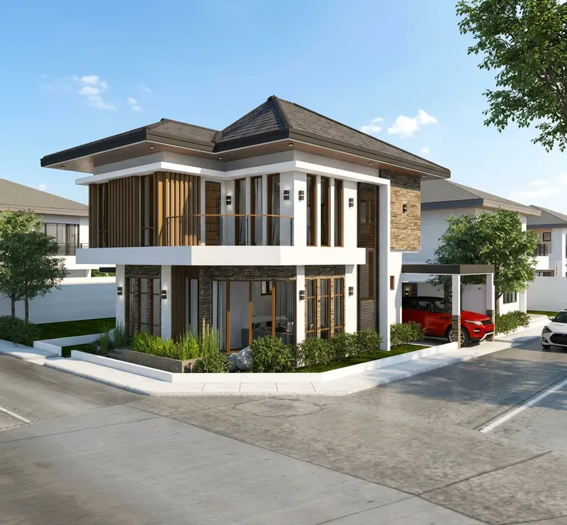 Rendered corner residence with timber screens, a car port and landscaped yard