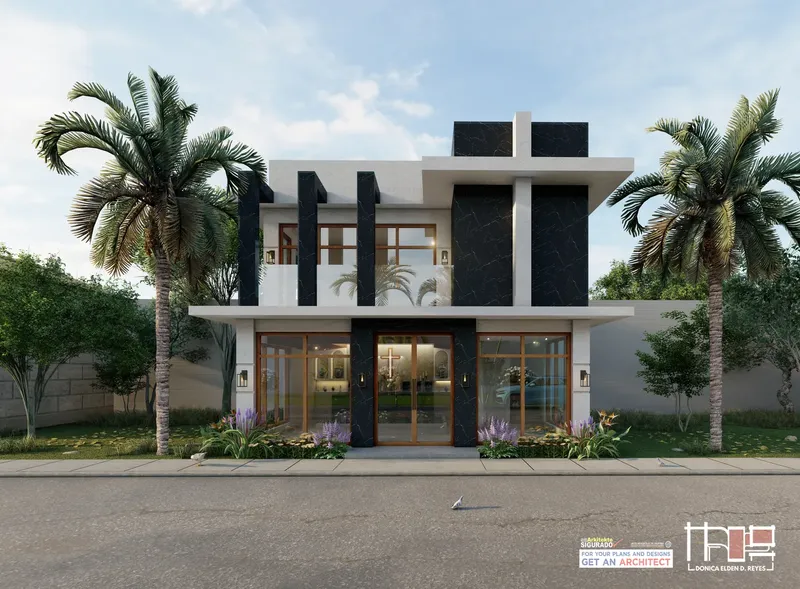 Rendered two-storey house with black columns and a timber entrance