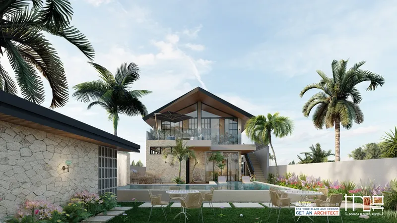 Rendered hillside villa with a swimming pool and palm trees